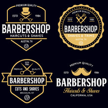 Set Of Vintage Barbershop Labels. Templates For The Design Of Logos And Emblems. Collection Of Barbershop - Symbols Razor, Pole, Scissors.