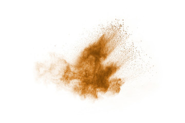 Wall Mural - brown color powder explosion on white background. colored cloud. colorful dust explode. paint holi.