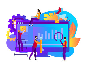 Web development. Template with computer and people creating  website.