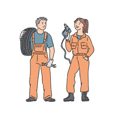 Wall Mural - car mechanic woman and man in professional jumpsuit. Vector people illustration in line art style on white background.