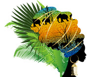 Portrait Beautiful Silhouette African Woman In Traditional Turban, Kente Head Wrap Afro, Traditional Dashiki Printing Batik Style Tiger Pattern With Cute Animal Elephants. Vector Isolated With Palms