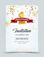 Wall Mural - invitation card template to the day of the 1 anniversary with abstract text vector illustration. gol