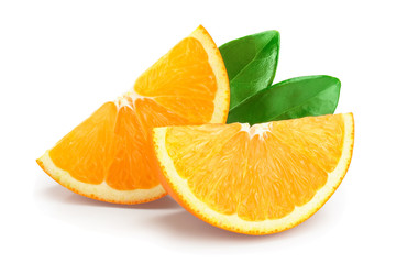 orange fruit slice with leaves isolated on white background