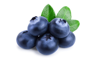 Wall Mural - fresh blueberry with leaves isolated on white background closeup