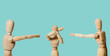© Sebastian - A wooden mannequin covers his face with his hands in front of others on a pastel background. Pointing finger at the victim. The concept of ridiculing, harassing people. Discrimination and problems.