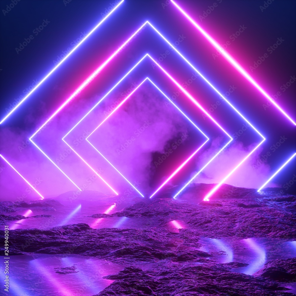 3d render, abstract ultraviolet background, neon light, cosmic landscape, square portal, pink blue lines, virtual reality, energy source, blank space, laser show, smoke, fog, ground - obrazy, fototapety, plakaty 