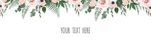 Horisontal Botanical Vector Design Banner. Pink Rose, Eucalyptus, Succulents, Flowers, Greenery. Natural Spring Card Or Frame.