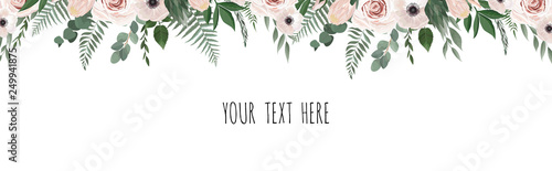 Horisontal botanical vector design banner. Pink rose, eucalyptus, succulents,...