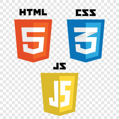 vector collection of web development shield signs: html5, css3 and javascript.