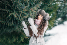 Fur Hat Beaty Girl Winter Near Spruce