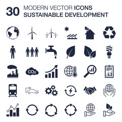 Sustainable development icons set (ecology, renewable energy, global warming concern, environmental protection, recycling) quality vector scalable with flat design for web or print