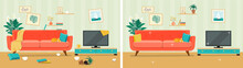 Living Room Before And After Cleaning. Flat Style Vector Illustration