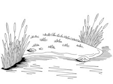Bank Of The Pond Graphic Black White Lake Landscape Sketch Illustration Vector