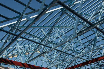  Structure of steel roof frame for building construction.