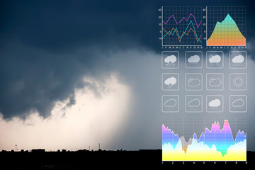 Wall Mural - weather forecast symbol data presentation with graph and chart on tropical storm background.dramatic