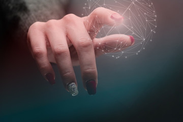 Poster - Woman touching sphere social connection technologies. Mixed media.