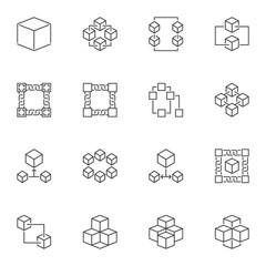 Vector Blockchain concept icons or logo elements in outline style on white background