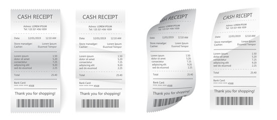 realistic payment paper bills for cash or credit card. paper check and financial check isolated.