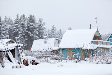 Wall Mural - Timber houses in snowy forest, snow covered buildings, snow falling, Russia