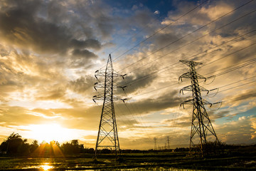 silhouette of high voltage electrical pole structure