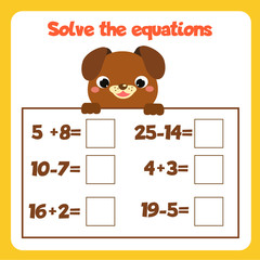 Math educational game for children. Solve equations. Counting addition and subtraction worksheet for toddlers and kids