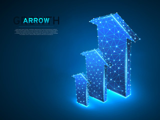 Wall Mural - Arrow growth, success, team work sign. Three arrow goes up wireframe digital 3d illustration. Low poly colaboration concept with lines, dots on blue background. Vector neon polygonal RGB color