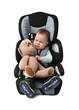 Baby boy buckled in car seat on white background