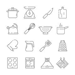 Wall Mural - cooking items icon. kitchen appliances scoop pan spoons and forks plates electronic scale vector sim