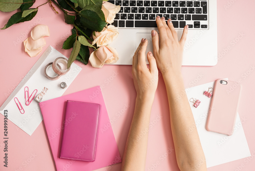 Female hands, laptop and items for crafting on color background