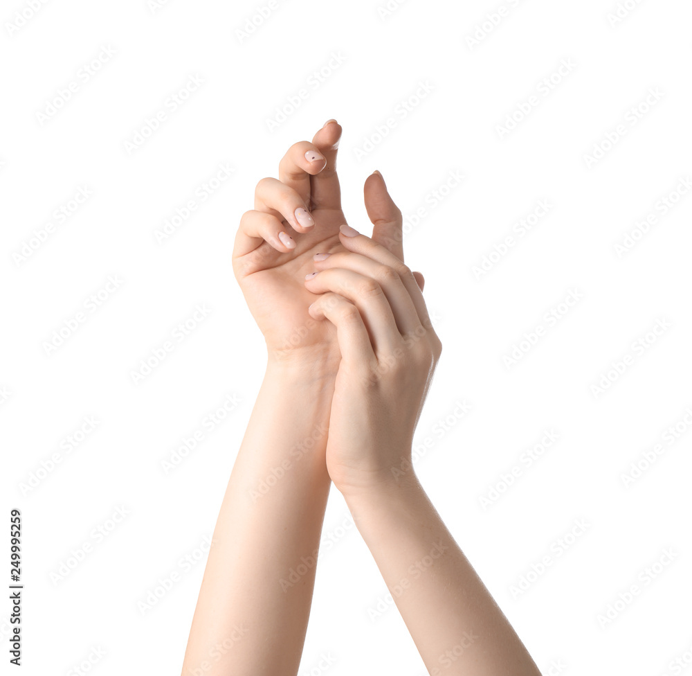 Female hands with manicure on white background