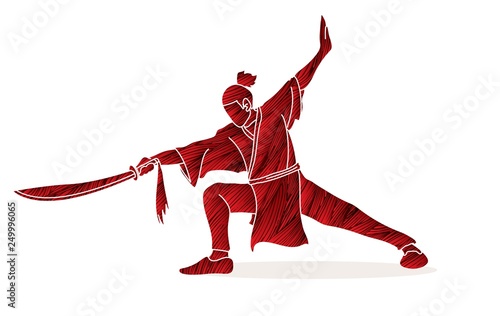 Fotografía Man with sword action, Kung Fu pose graphic vector.