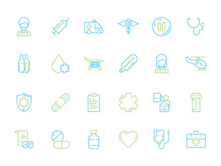 Wall Mural - Medicine icon. Hospital doctor healthcare medical drugs pills and other thin line vector symbols. Medical health, medicine and doctor, hospital and healthcare illustration