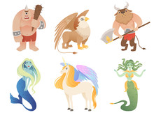 Mythical Creatures. Flying Lion Cyclop Minotaur Pegasus Griffin Centaur Vector Cartoon Characters. Griffin And Pegasus, Monster Of Centaur Illustration