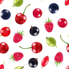 Poster - Vector realistic fruits and berries pattern or background illustration. Fruit fresh strawberry and blackberry pattern