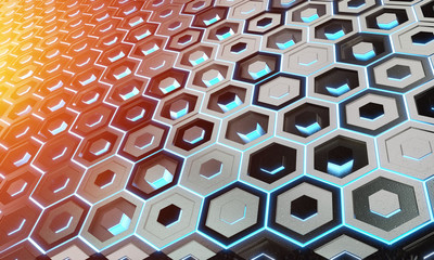 Glowing black blue and orange hexagons background pattern on silver metal surface 3D rendering