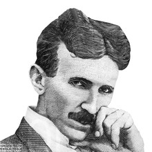 World Famous Inventor Nikola Tesla Portrait Isolated On White Background. Fragment Of Serbian Banknote. Black And White Image