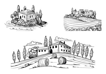 Set of landscapes views with fields, castle and houses. Ink drawings with nature and buildings, trees, sheafs of hay and meadows. Hand drawn ink style. Vector illustration.