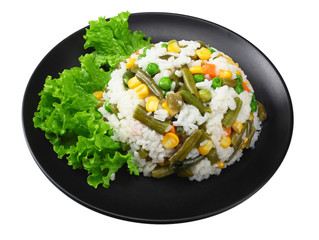 Wall Mural - black plate with white rice, green peas, canned corn kernels, cut green beans isolated on white background