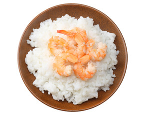 Wall Mural - White rice with shrimps in brown bowl isolated on white background. top view