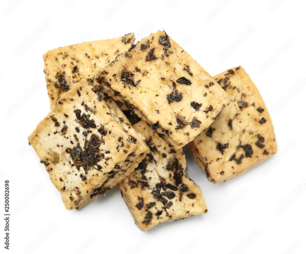Tasty tofu cheese on white background