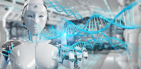 Aufkleber - White woman cyborg scanning human DNA 3D rendering