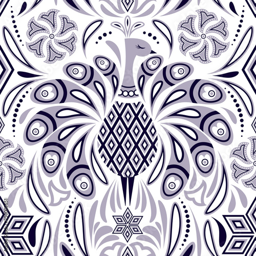 Stoffe zum Nähen pattern with peacock and abstract flowers