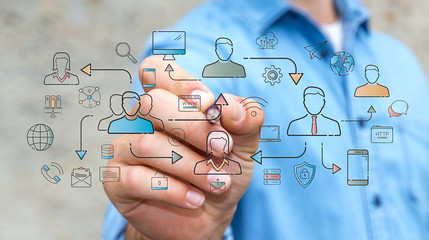 Businessman drawing thin line social network icons interface