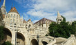 View of stairs of Fisherman's Bastion and Matthias church in the morning, Castle hill in Buda, beautiful architecture, sunny day, Budapest, Hungary