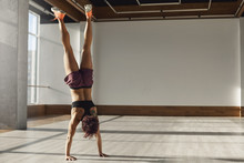 Strong And Motivated Young Sportswoman Making Handstand Focusing During Sport Excercises Training In Gym Alone Standing On Hands In Activewear, Working-out, Gaining Muscles And Balance