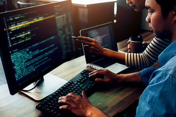 Wall Mural - programmer working in a software development and coding technologies. website design.technology conc