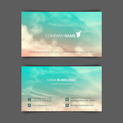 Wall Mural - Two-sided horizontal business cards with realistic pink-blue sky and clouds. The image can be used to design a business card.