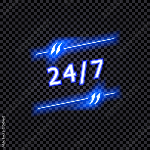 Vector Neon 24 7 Sign Quote Shining Frame Isolated On Dark