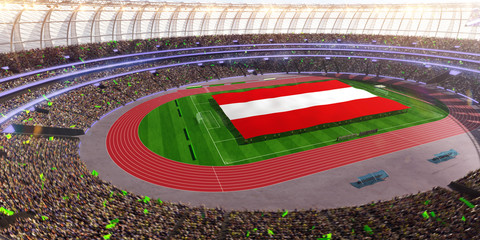 people hold Austria flag in stadium arena. field 3d photorealistic render