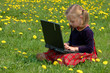 © Trutta - Little girl in a dress with laptop on green meadow